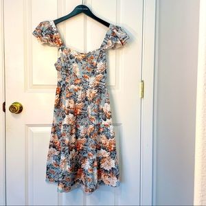 Floral Print Flutter Sleeve Cut Out Shirred Back Ruffle Hem Dress